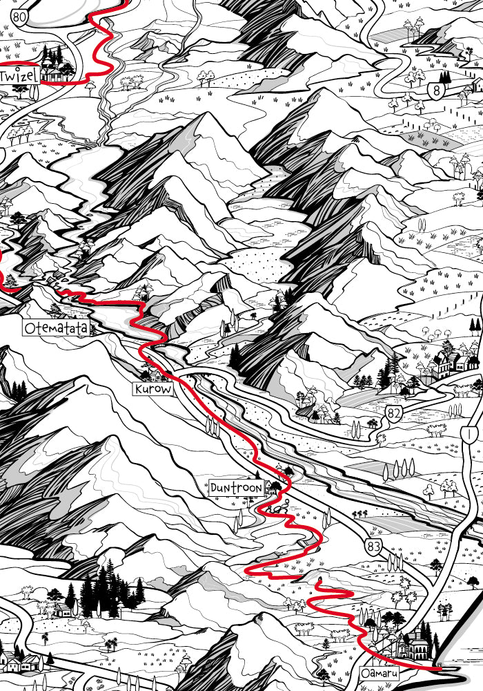 Hand-drawn map of Alps 2 Ocean is one of New Zealands finest cycle trails. The trail extends more than 300 km from Aoraki / Mount Cook to Oamaru on the Pacific Ocean.