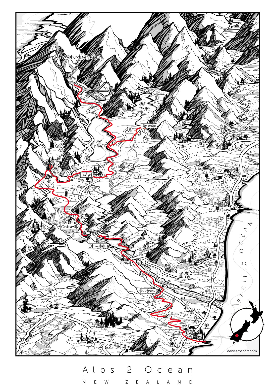 Alps 2 Ocean Cycle Trail map South Island New Zealand