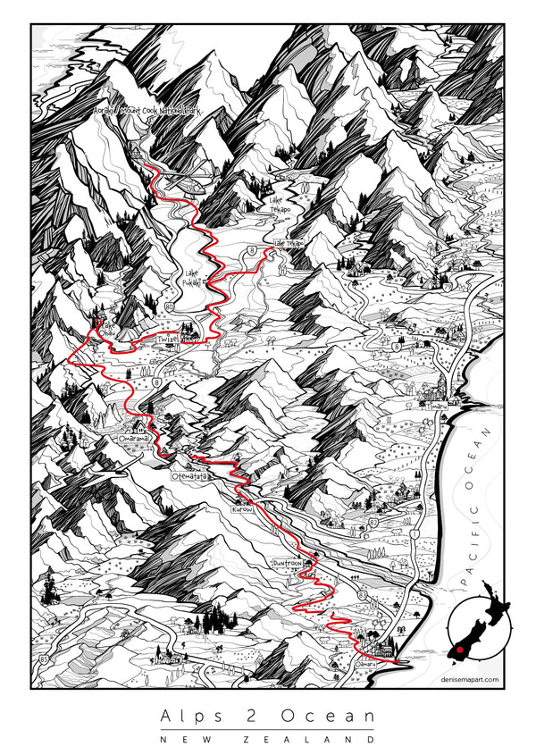 Hand-drawn map of the Alps 2 Ocean is one of New Zealand's finest cycle trails from the Southern Alps to Oamaru.