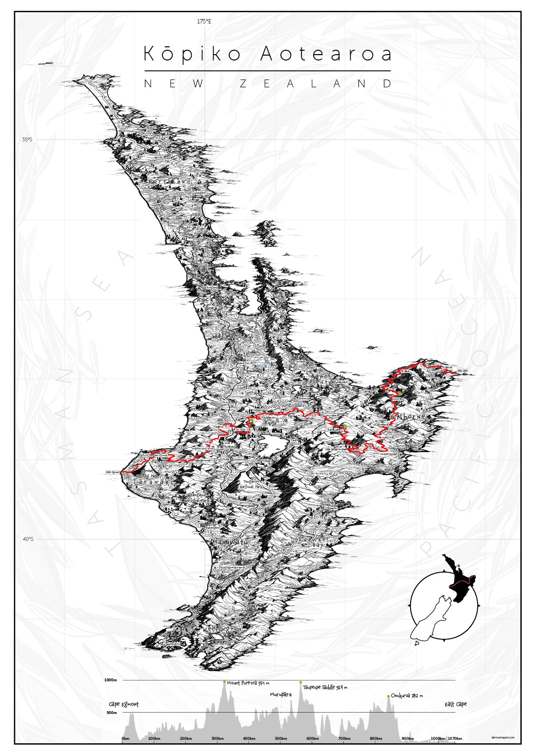 Kopiko Cycle Trail map across North Island New Zealand with elevation