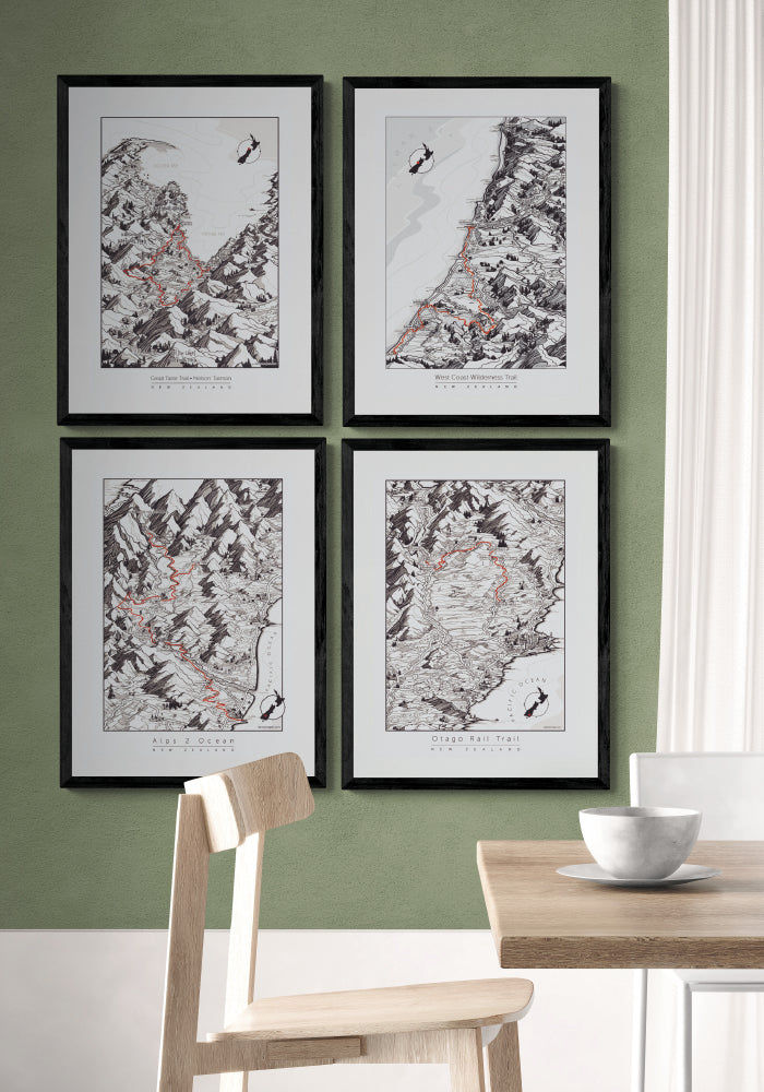 Perfect map artwork showing off all the best New Zealand cycle trails. All of these you can do on an e-bike!