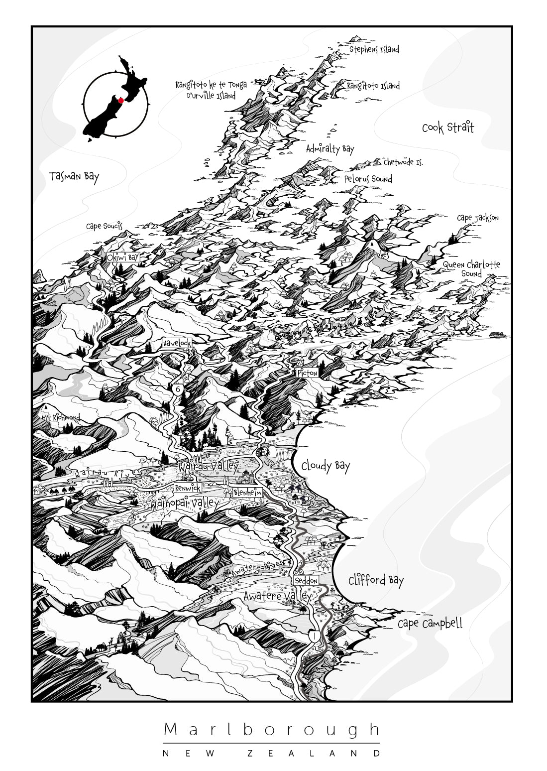 Marlborough Sounds map, South Island New Zealand