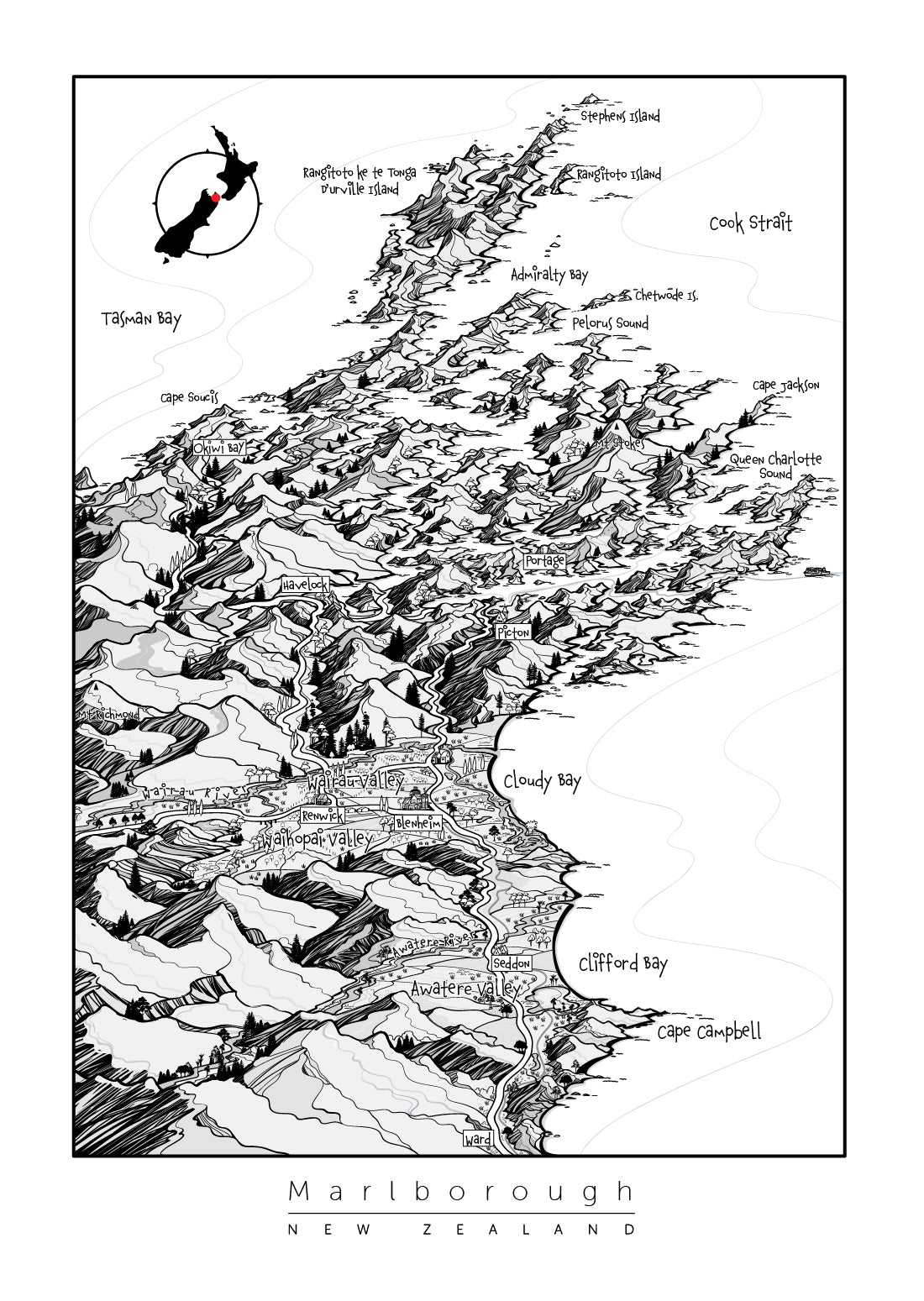 Marlborough New Zealand Map Art – Denise Map Art