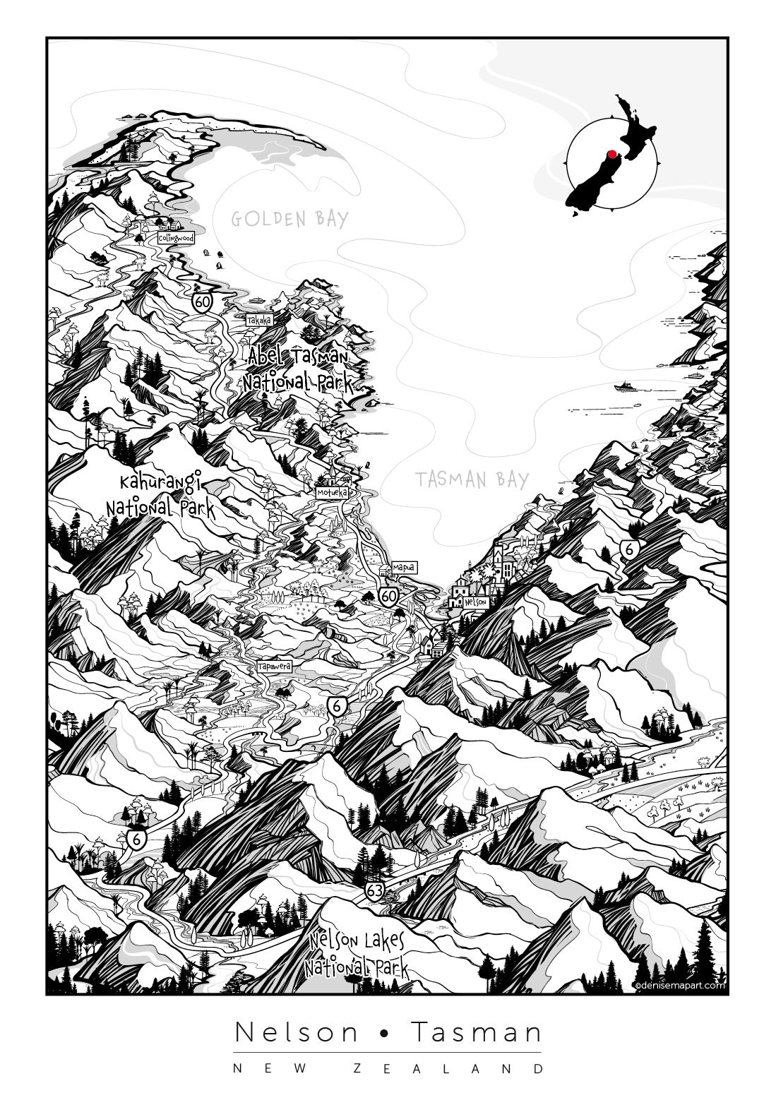 Nelson Tasman South Island New Zealand map artwork