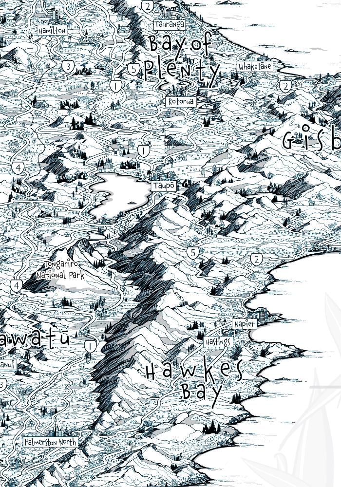 Map artwork of North Island New Zealand