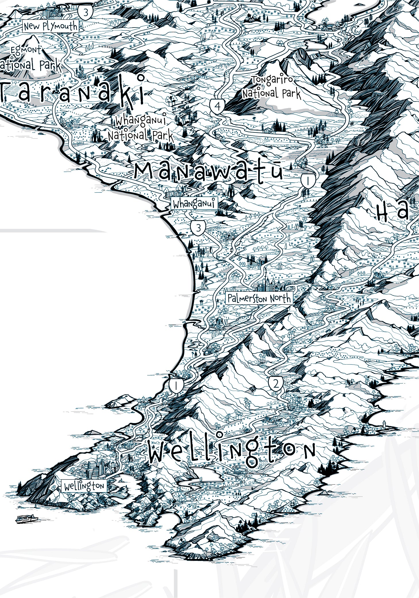Map artwork of North Island New Zealand