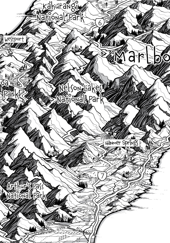 New Zealand South Island map artwork