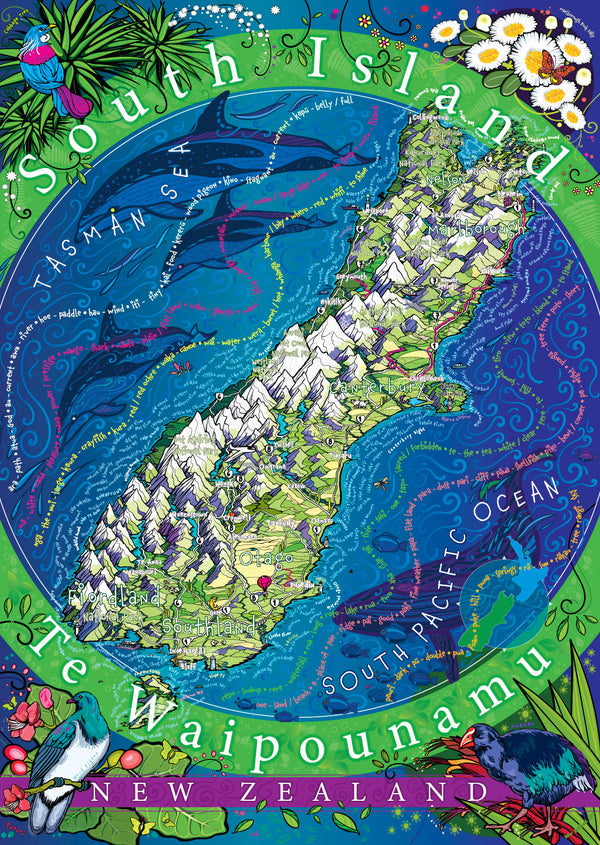 Map of New Zealand South Island 100-piece jigsaw puzzle showing Southern Alps, native birds and plants