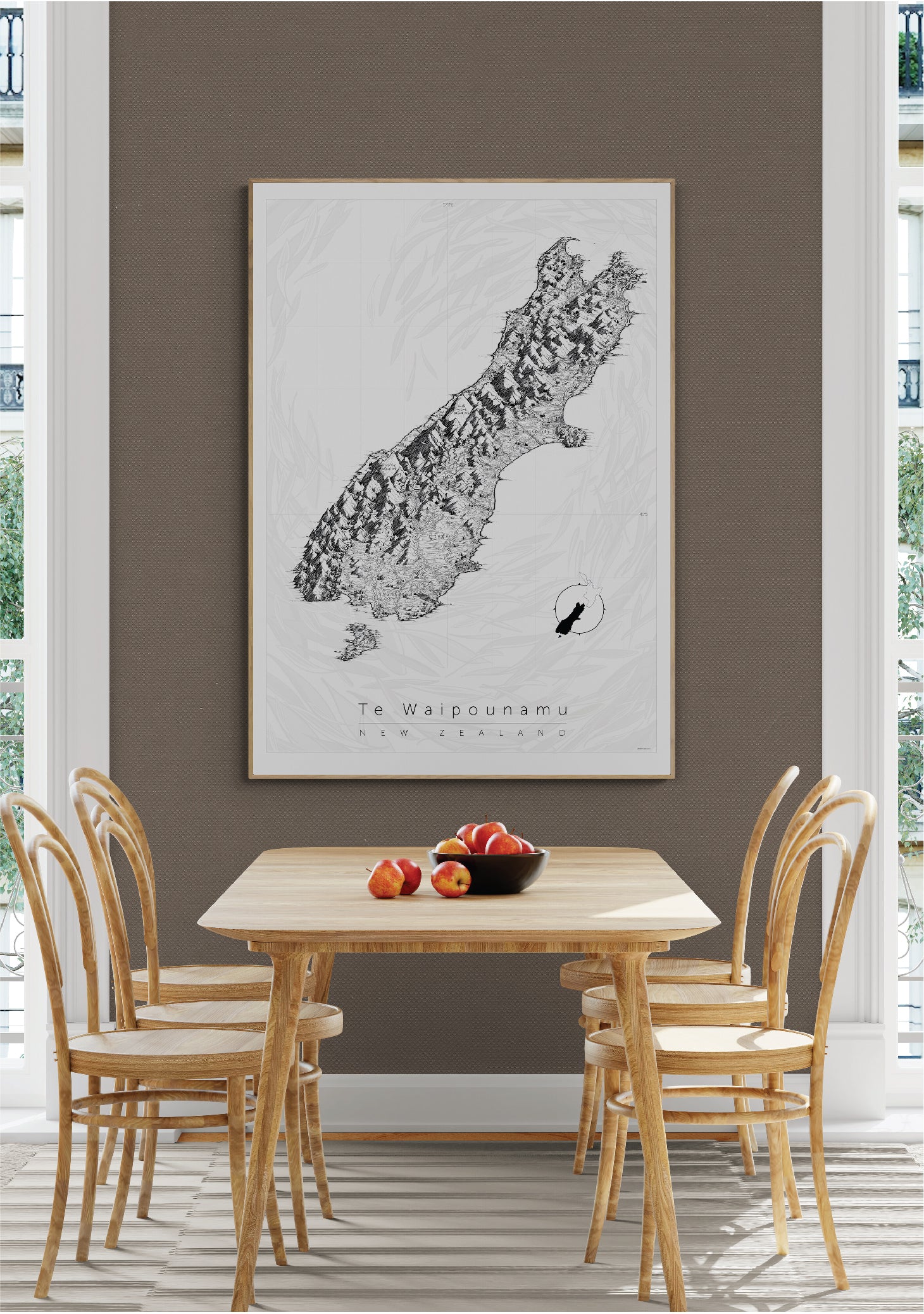 Map illustration/print of South Island , Te Waipounamu, New Zealand