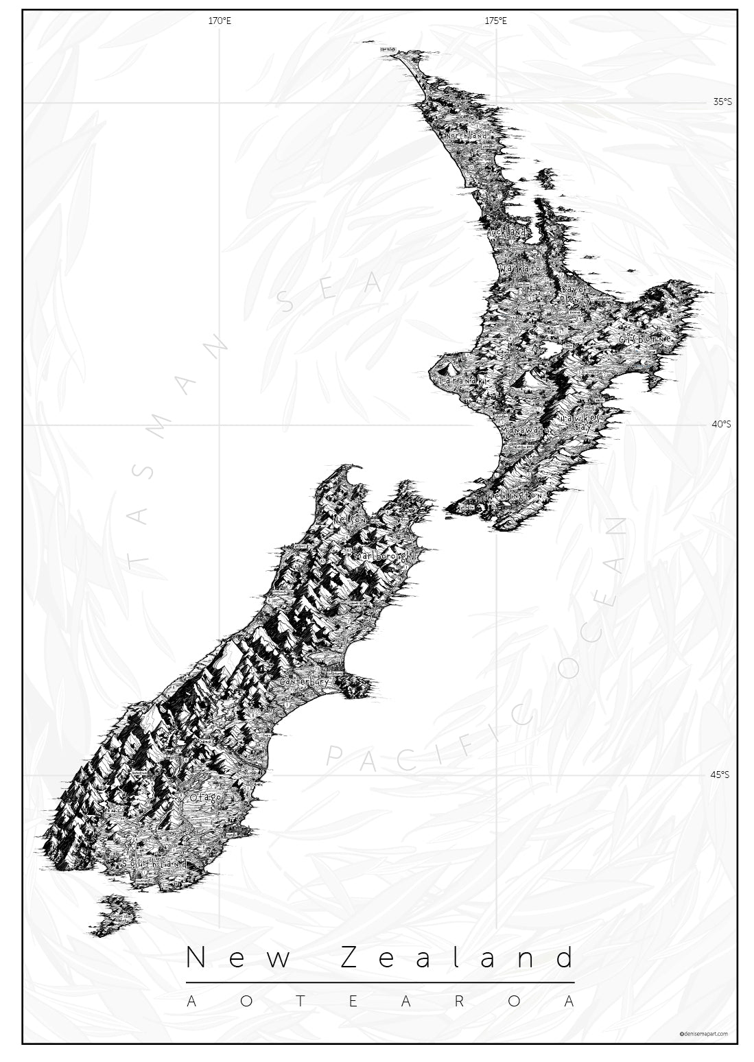 New Zealand hand-drawn map makes beautiful classic artwork