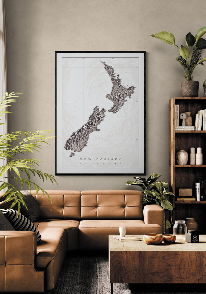 Beautiful New Zealand hand-drawn map wall art and print