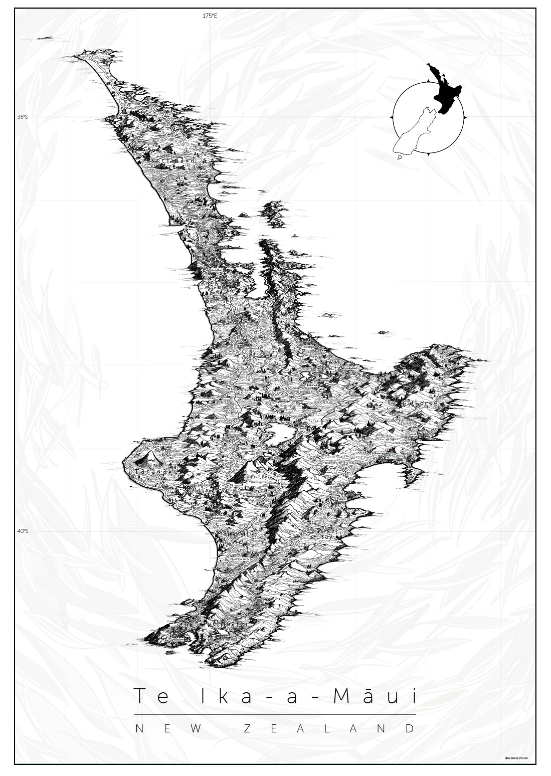 New Zealand Aotearoa  North Island hand-drawn map