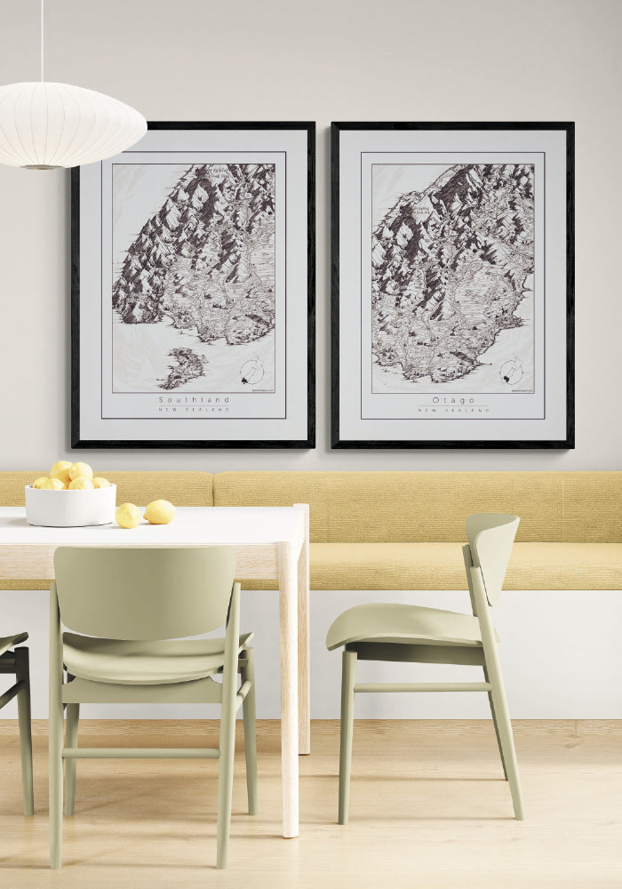 Otago_and Southland hand-drawn_maps  make great wall prints