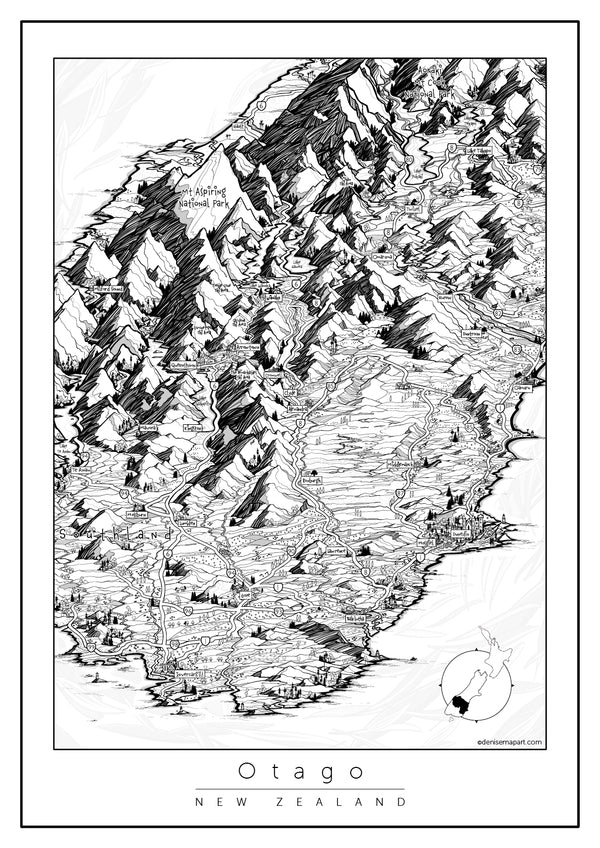 Map of Otago map, South Island, New Zealand