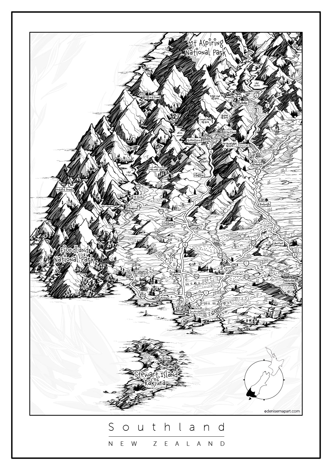 Map  of Southland region, South Island map of New Zealand