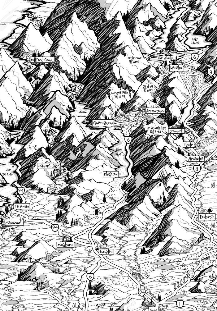 Southland region, South Island map of New Zealand showing Milford Sound, Queenstown and Wanaka
