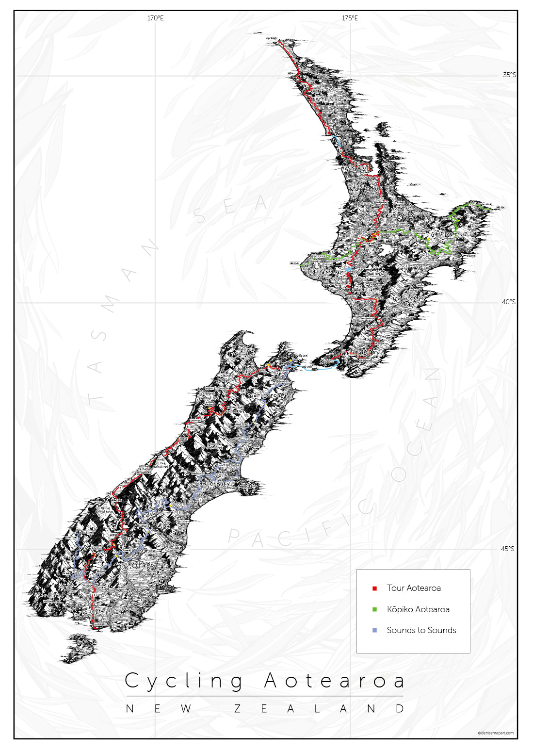 Top 3 cycle trail in New Zealand on one map Tour Aotearoa, Kopiko and Sounds to Sounds