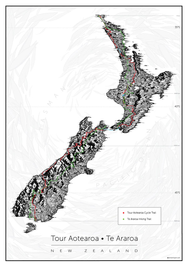 This map shows the cycling and the hiking trail on one map of New Zealand.