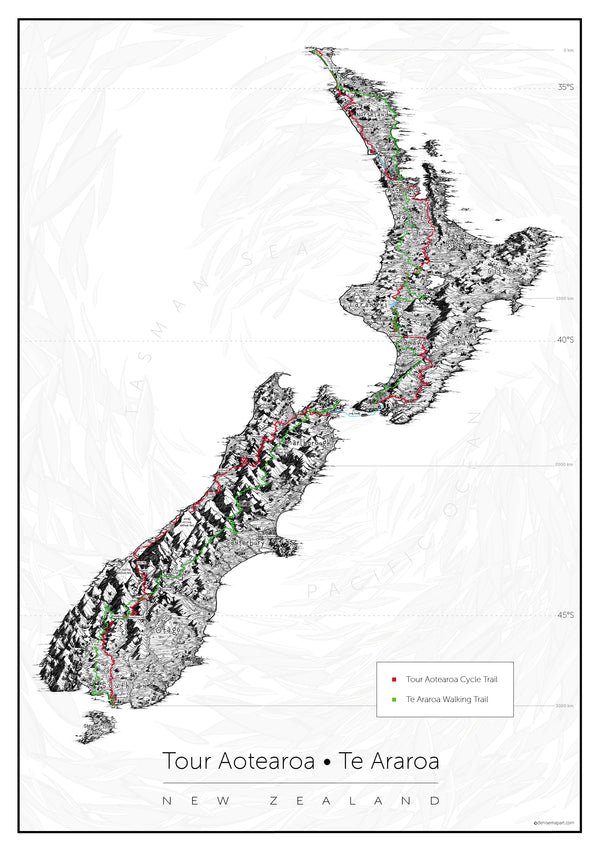 This map shows the cycling and the hiking trail together on one map of New Zealand.