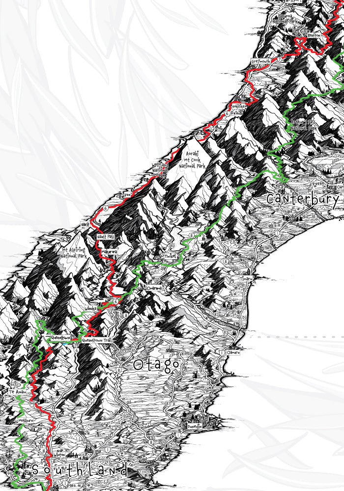 Te Araroa hiking and Tour Aotearoa cycle trail across the length of New Zealand on hand-drawn map illustration